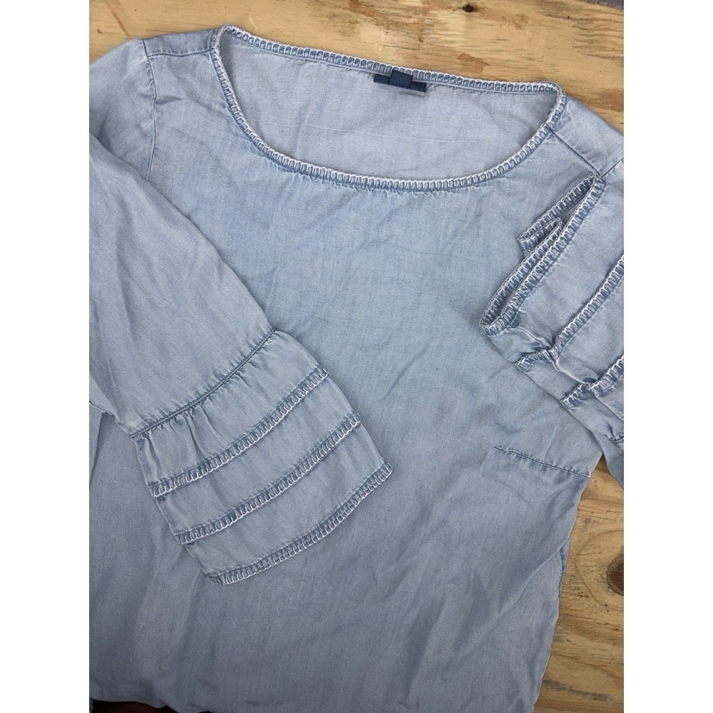 J Jill Denim Shirt XS Light Blue Chambray Boho Tunic Ruffled Bell Sleeve Tiered